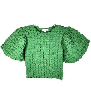 Anthropologie eri + Ali Textured Puff Sleeve Green Size Small Petite